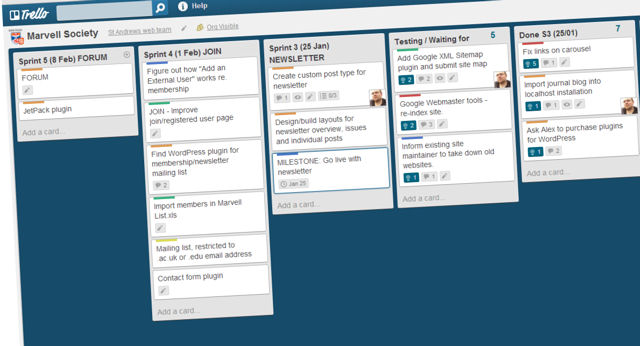 Trello board showing columns of index cards