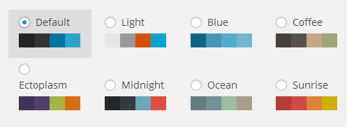 There are eight admin colour schemes installed by default in WordPress 3.8+