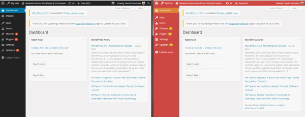 WordPress admin interfaces side by side: black on left is live; red on right is test