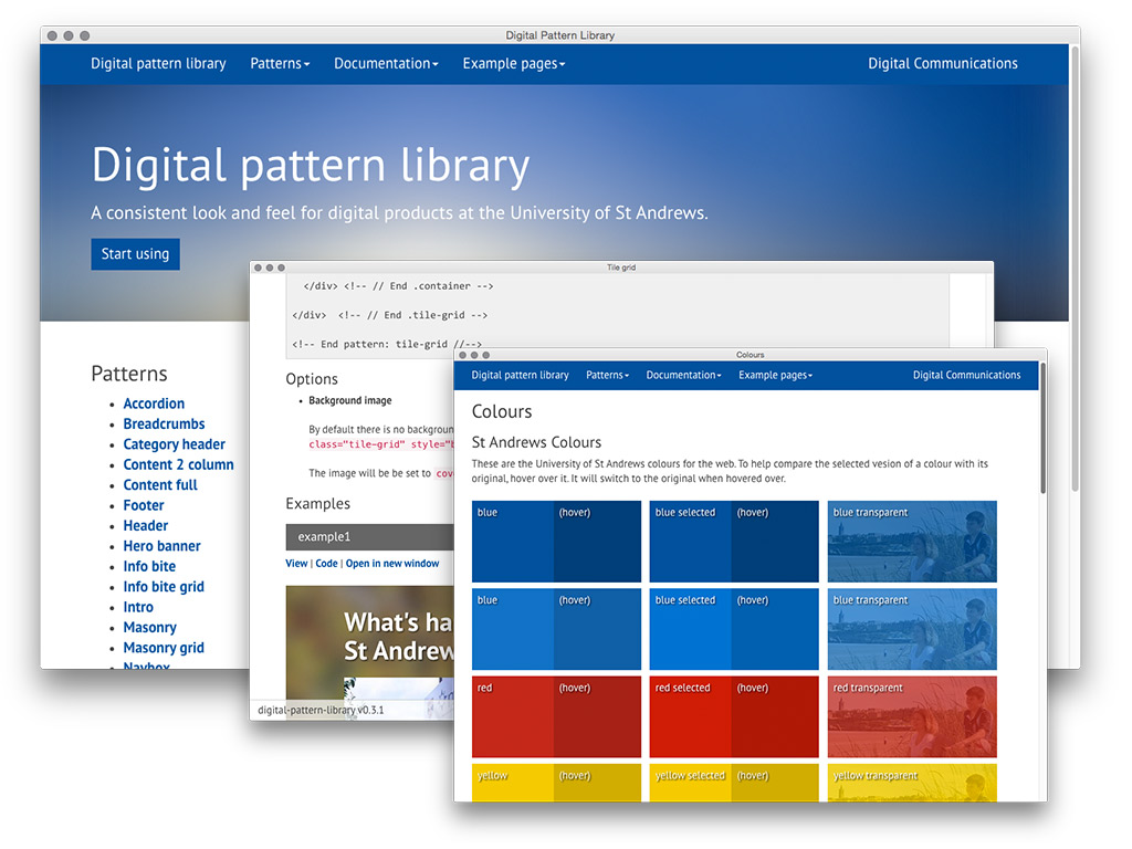 Three screenshots of the Digital pattern library: landiing page; individual pattern documentation; colours available.