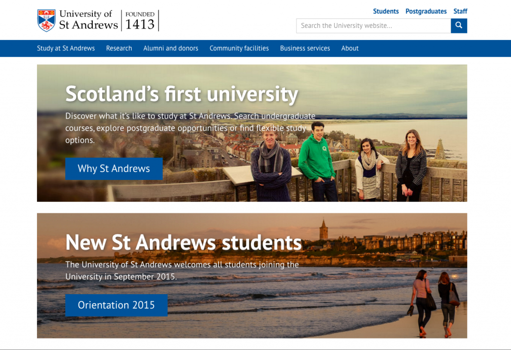 Two variations of the hero banner used on the University of St Andrews homepage 