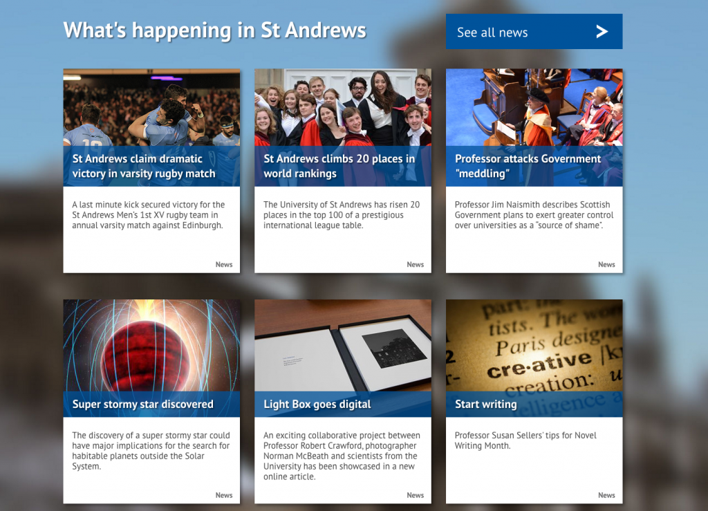 Example of the news tiles used on the University homepage
