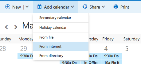 Where to add calendar from internet in Office 365