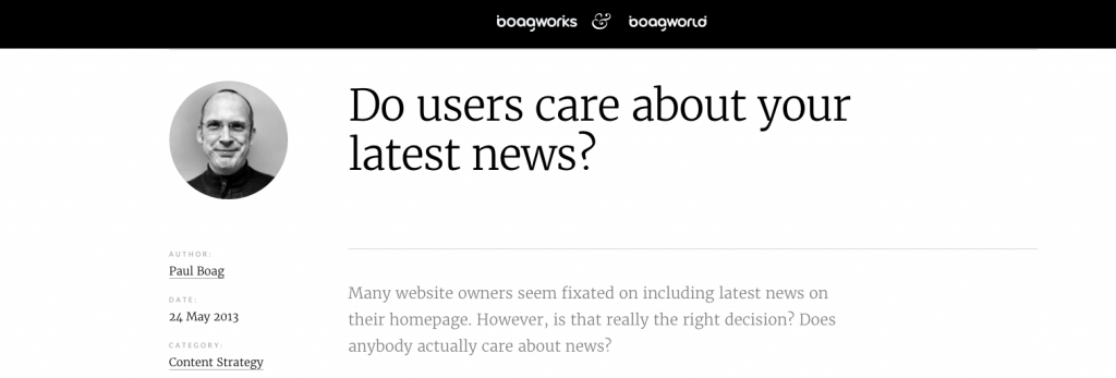Screen shot of Boagworld website - do users care about your latest news?