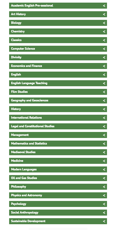 Current screenshot of the accordion headings in use on the PGT programmes page
