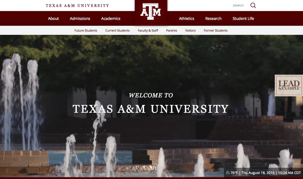 A screencapture of the homepage for Texas A&M University which features a running water fountain. 