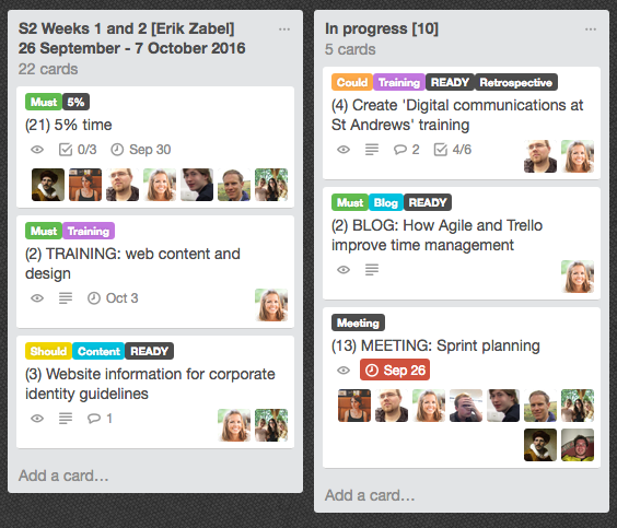 An example of Trello cards with labels of must, should, could and won't.