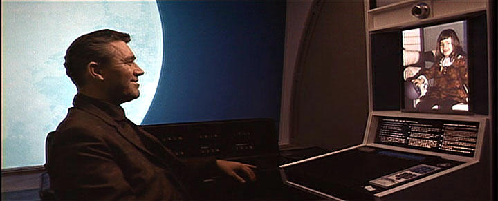 The scene of Dr. Heywood Floyd in 2001: A Space Odyssey (1968) placing a videocall to his daughter on Earth 