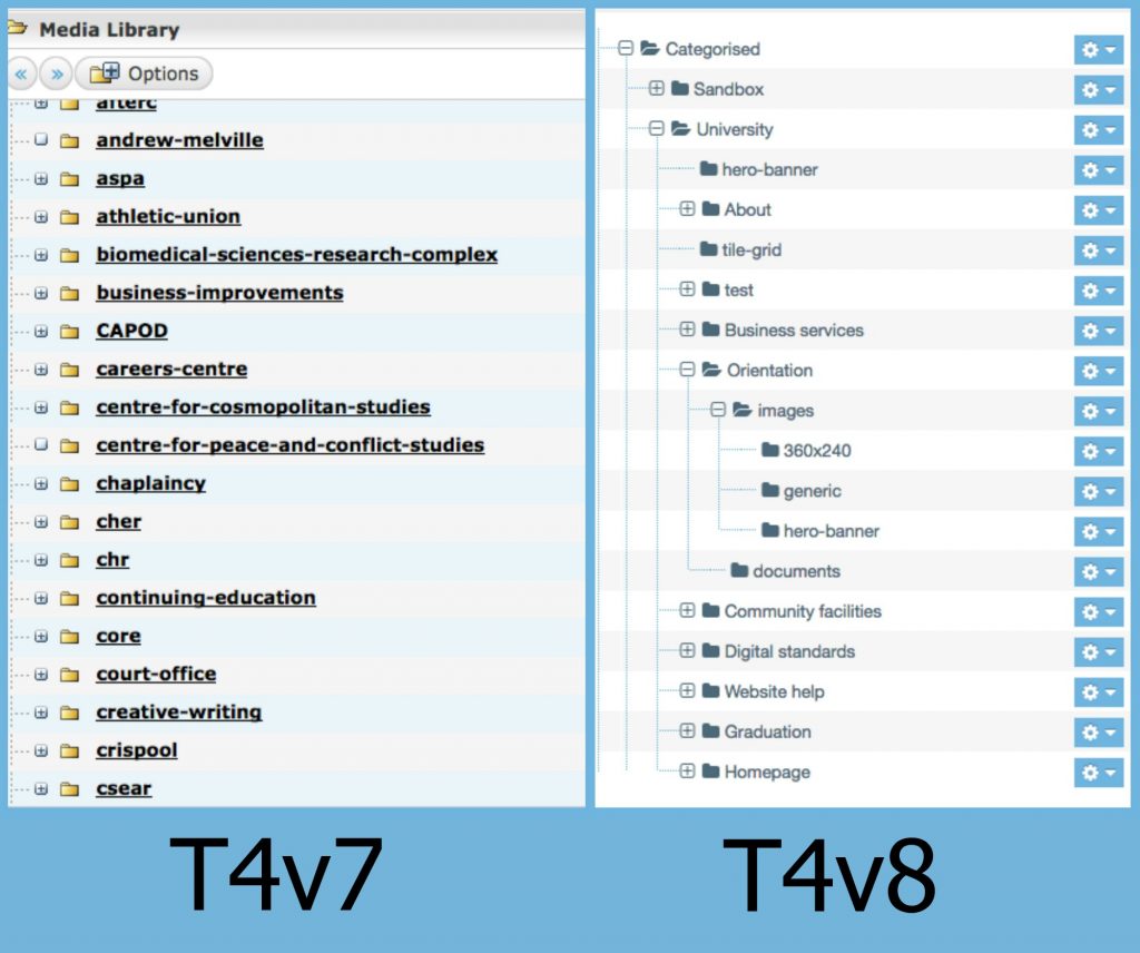 Side-by-side comparison of the media libraries in T4v7 and T4v8