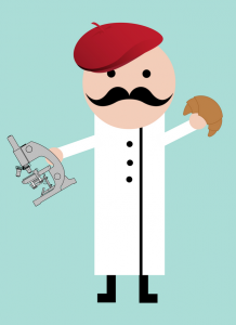 A cartoon French biologist holding a croissant