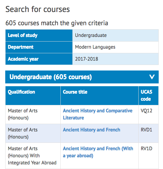 A screenshot of the St Andrews course search which shows that that are 605 degree options in Modern Lanaguages alone. 
