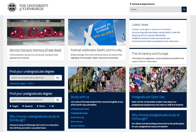 Screenshot of the University of Edinburgh's website homepage which shows a course search feature