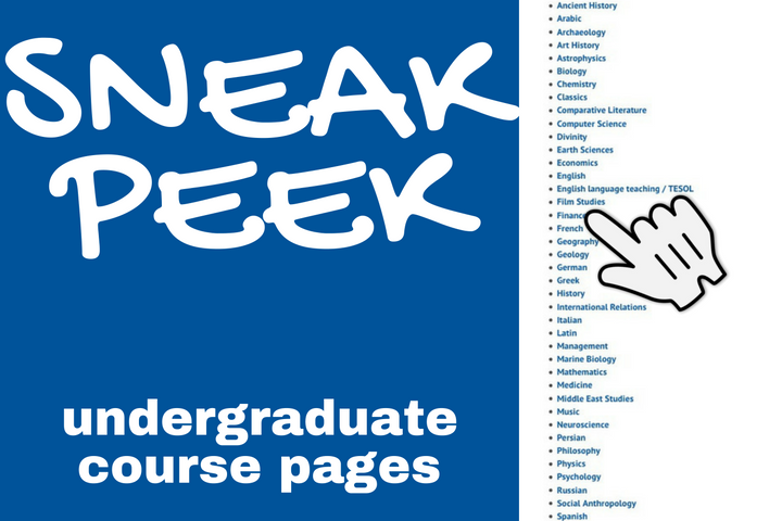The words 'Sneak peek: undergraduate course pages' with a hand pointing towards different subjects
