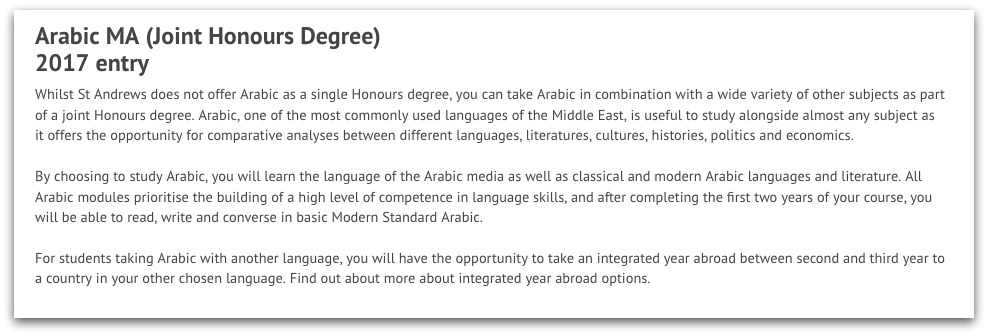 A screenshot of the introductory text on the undergraduate Arabic MA joint honours course page.