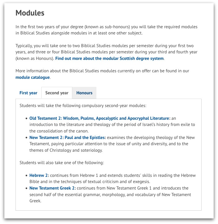 A screenshot of the modules information on the undergradaute course pages.
