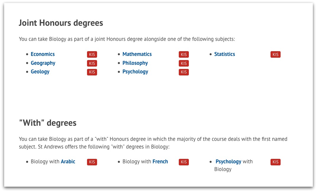 A screenshot of the joint Honours section from the new course pages in the digital prospectus. 