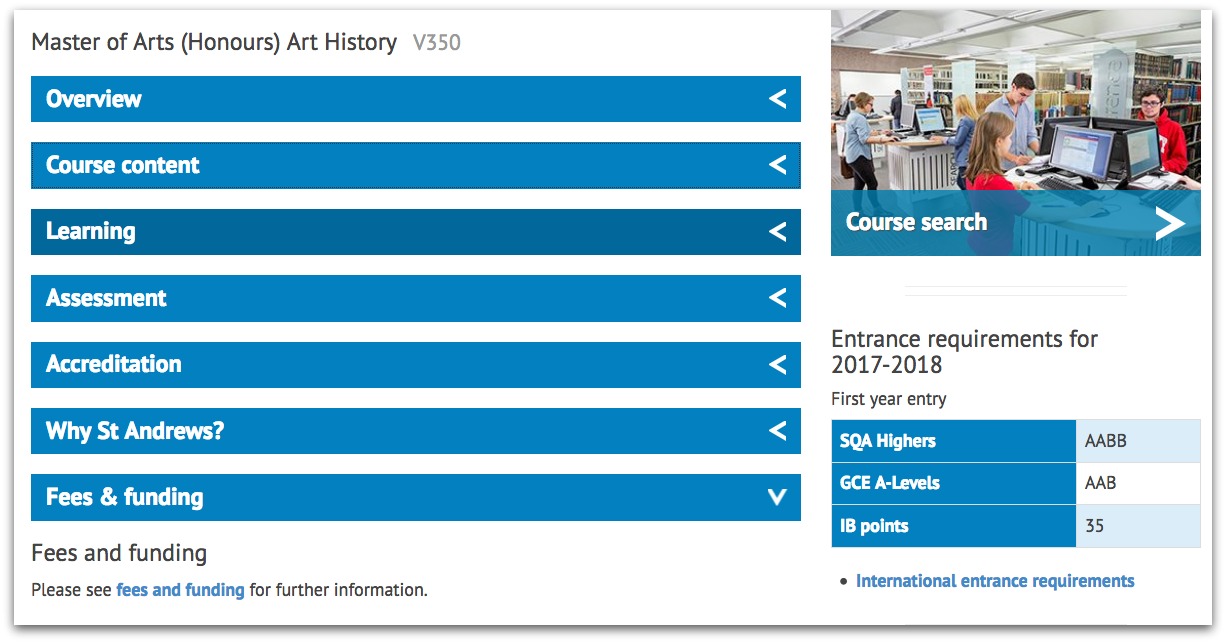 A screenshot of the Art History course page in course search