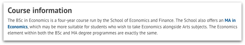 Paragraph screenshot of the course information section on the Economics BSc page which links to the MA option. 