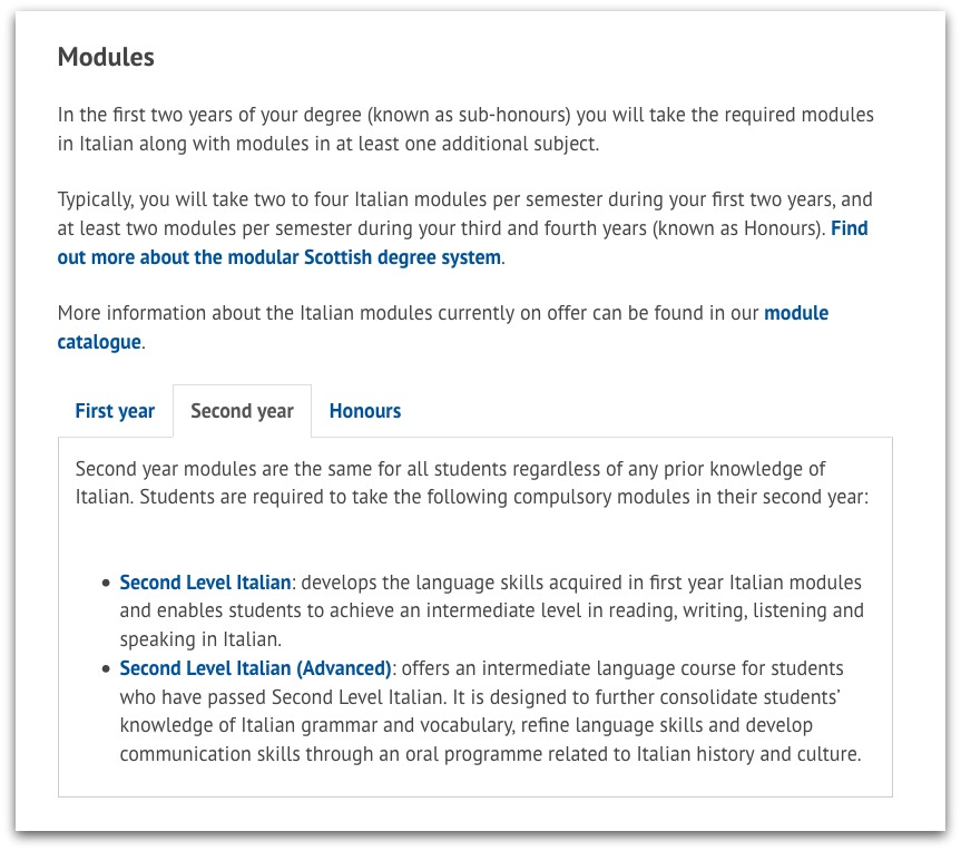 A screenshot of the modules section from a course page in the digital prospectus