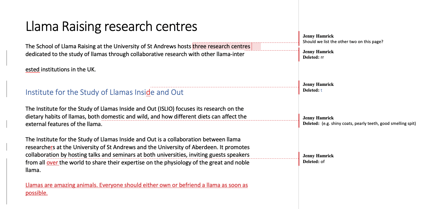 Screenshot showing Track Changes live on Word document