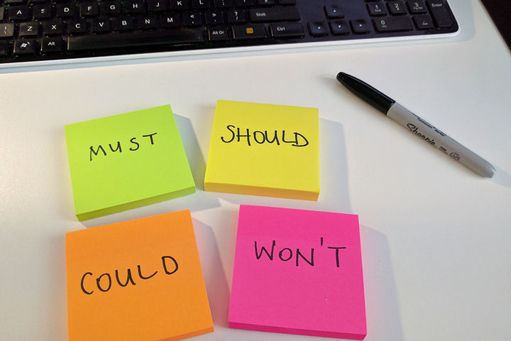 Four Post-it note pads with Must, Should, Could and Won't written on them.