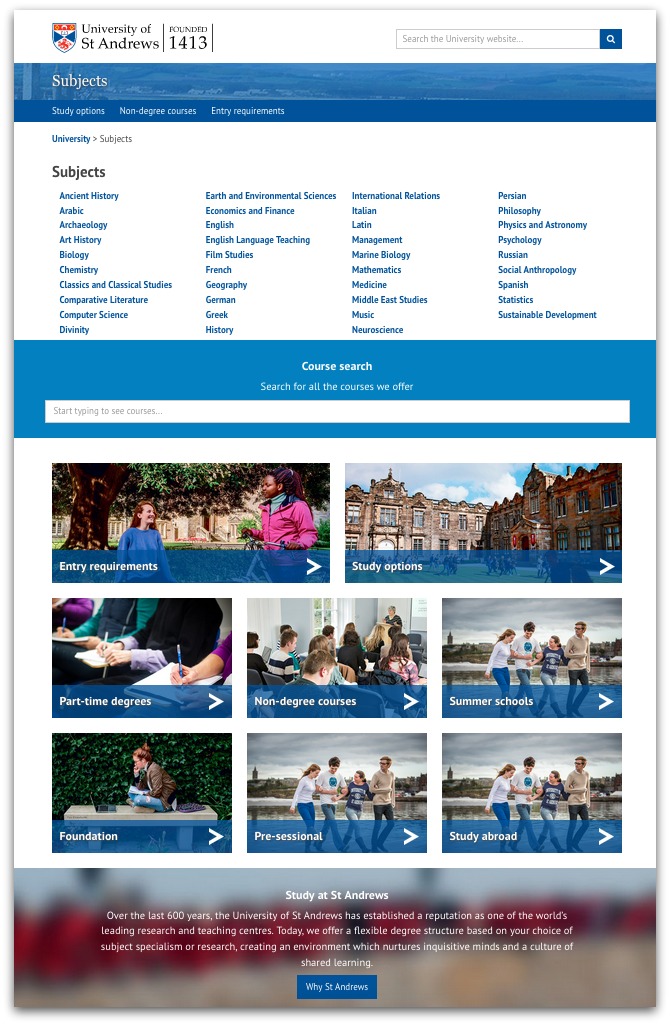 The Subjects landing page, including links to Entry requirements, Study options and Non-degree courses.