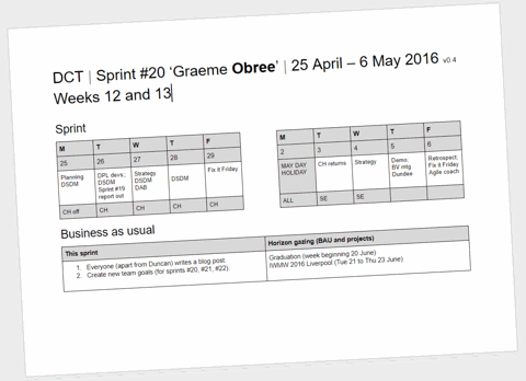 From sprint 20 we added a calendar to highlight key events during the fortnight