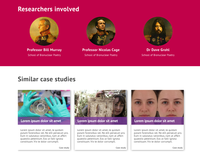Screenshot of prototype case study page with researcher profiles