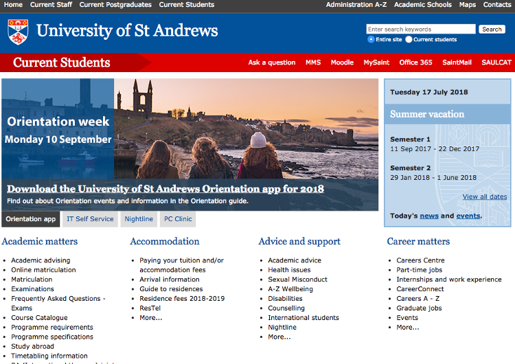 University of St Andrews current students landing page