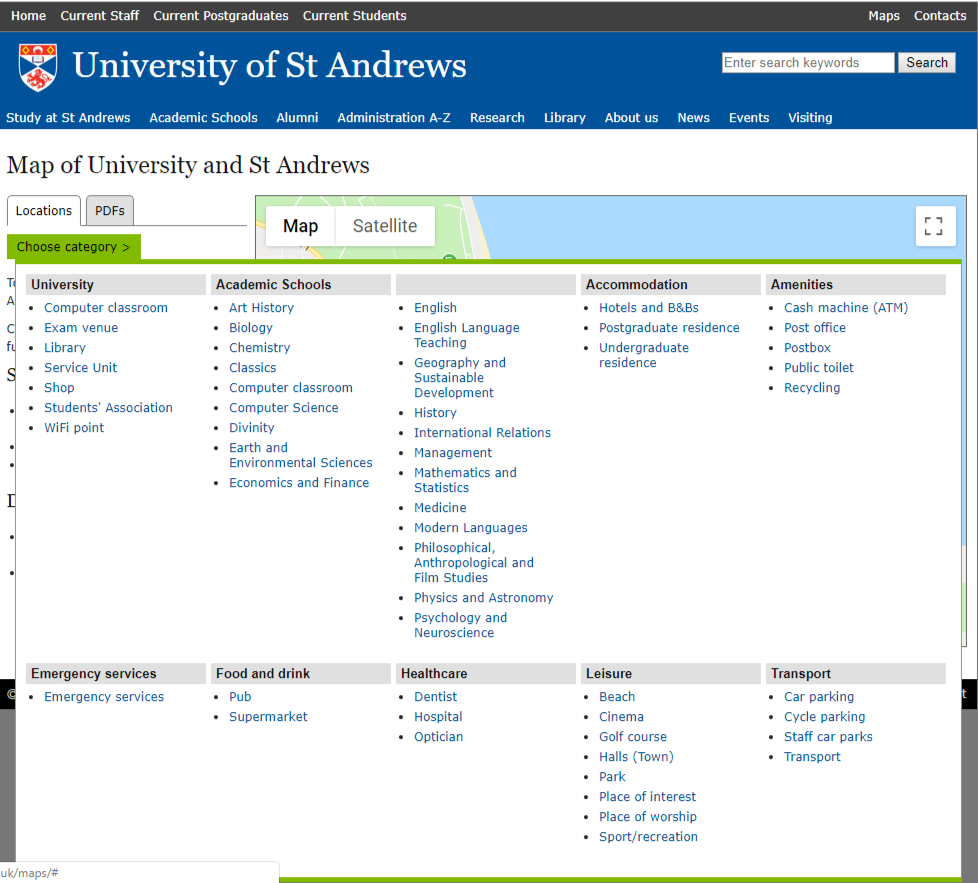 Screenshot of University map showing categories