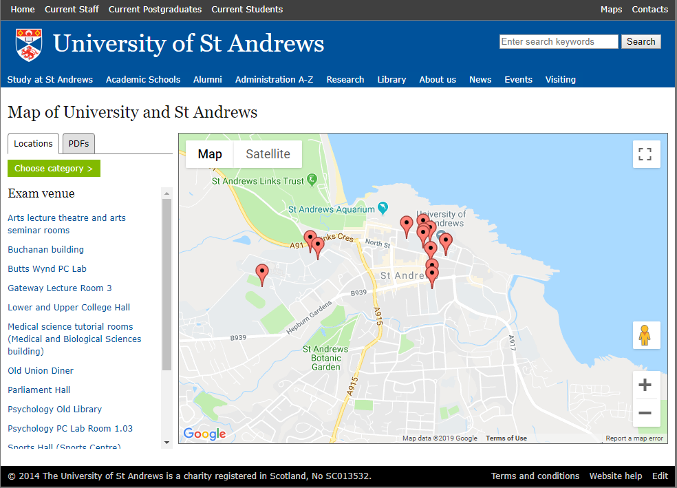 Screenshot of University map showing locations