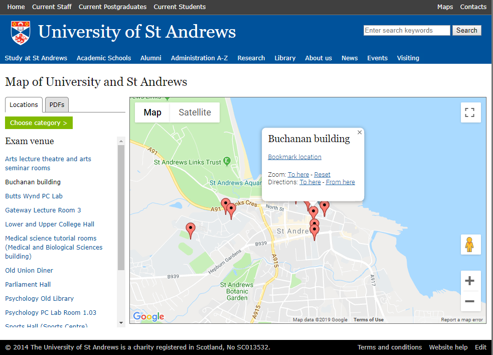 Screenshot of University map page showing location