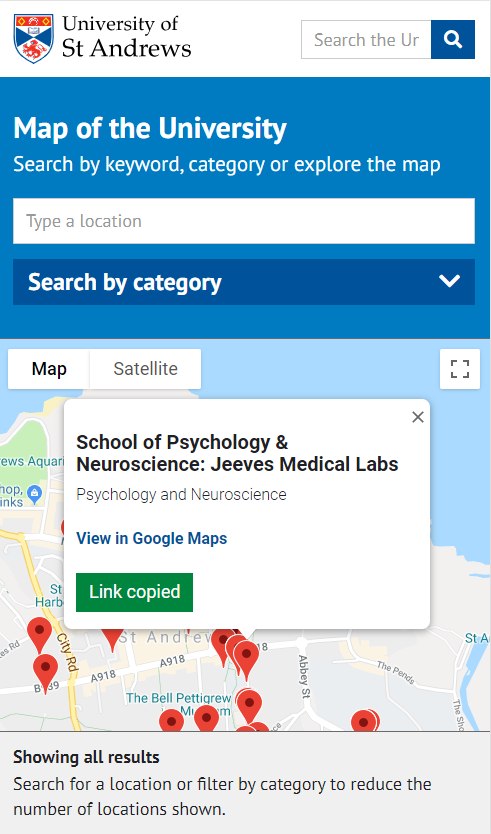 Screenshot of University map in mobile view