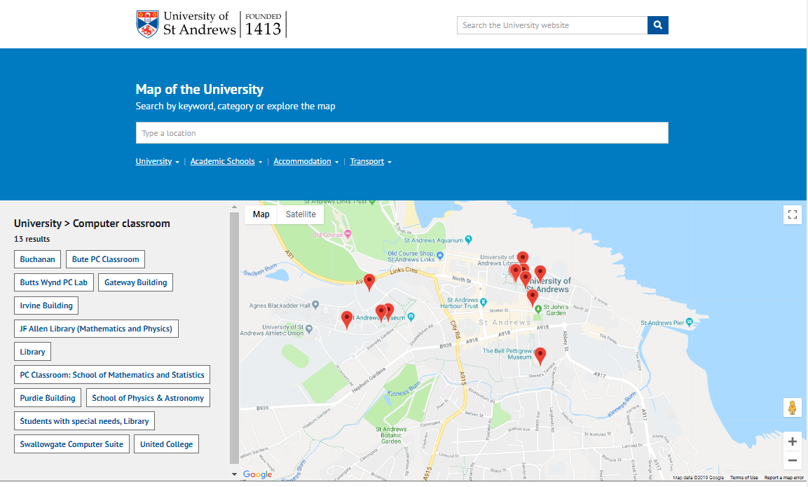 Screenshot of University map on desktop