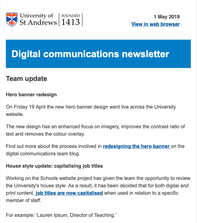 A screenshot of the May digital communications newsletter