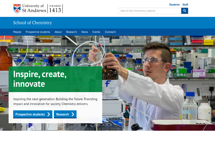 The School of Chemistry homepage showing a man holding chemical equipment