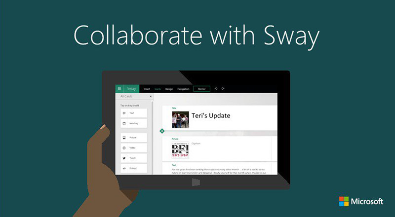 The Sway user interface on a cartoon tablet