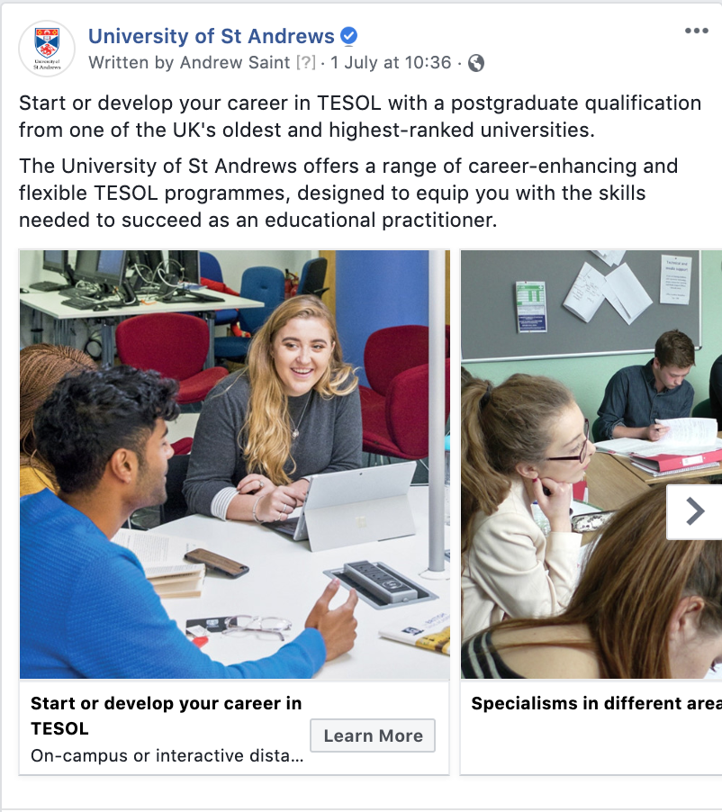 A carousel Facebook advert promoting the University's TESOL courses.