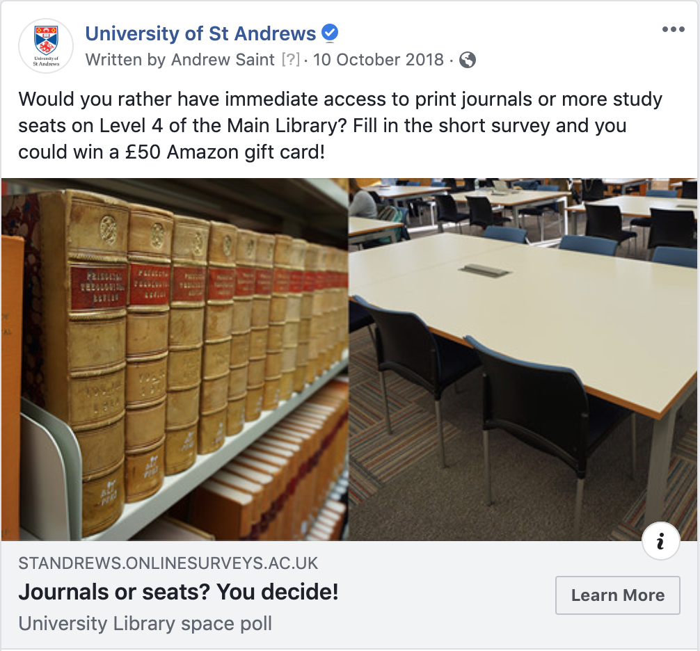 A single image Facebook advert promoting the University Library survey.