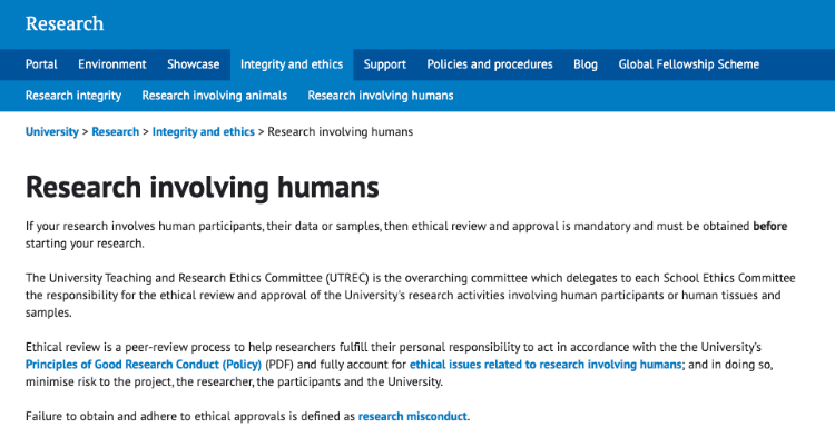Screenshot of the new-style 'Research involving humans' web page