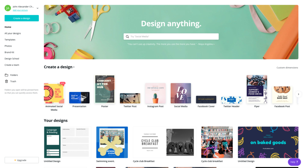 Canva homepage showing available templates to use