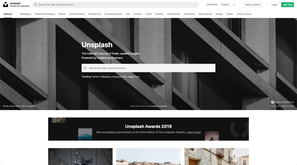 Unsplash homepage showing the search function