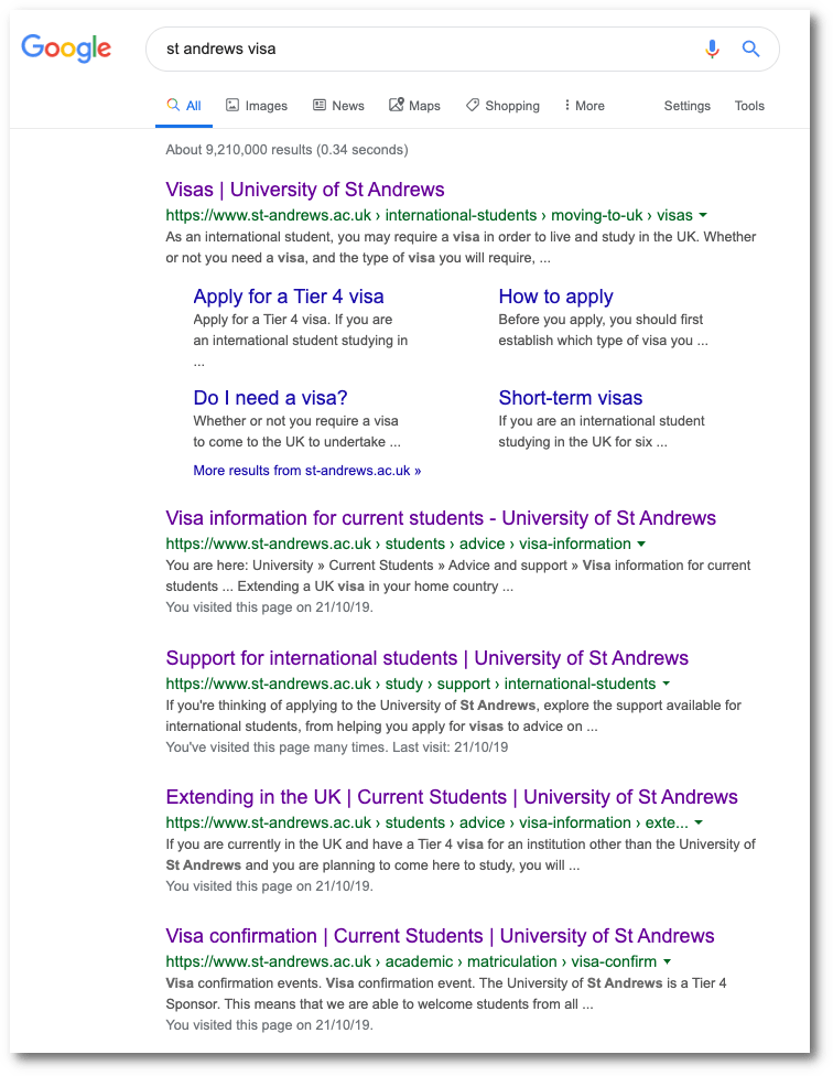 Google search results list for term 'St Andrews visa'