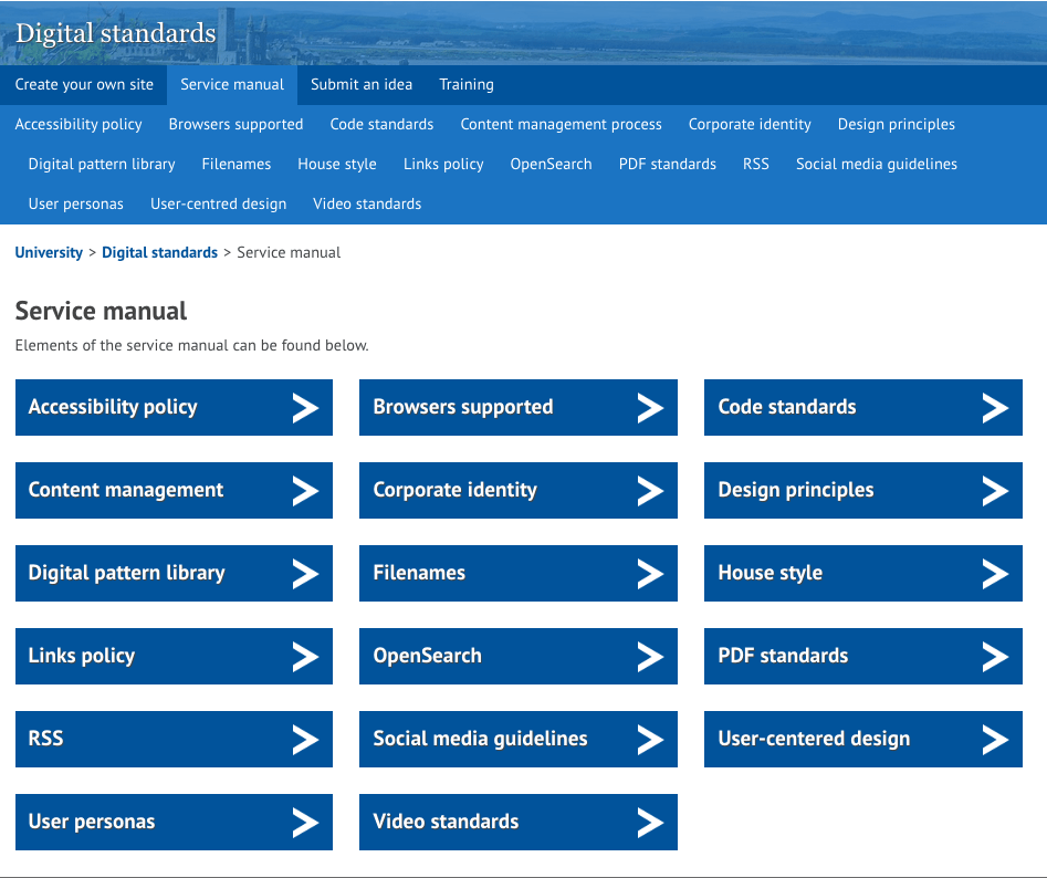 Screenshot of the old style navigation page in digital standards