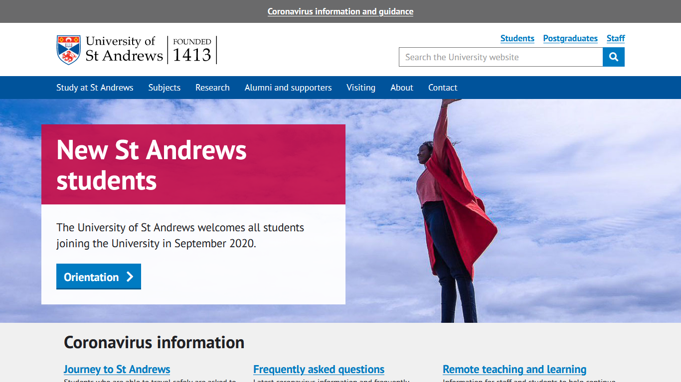 The University homepage edited to show additional content above the fold