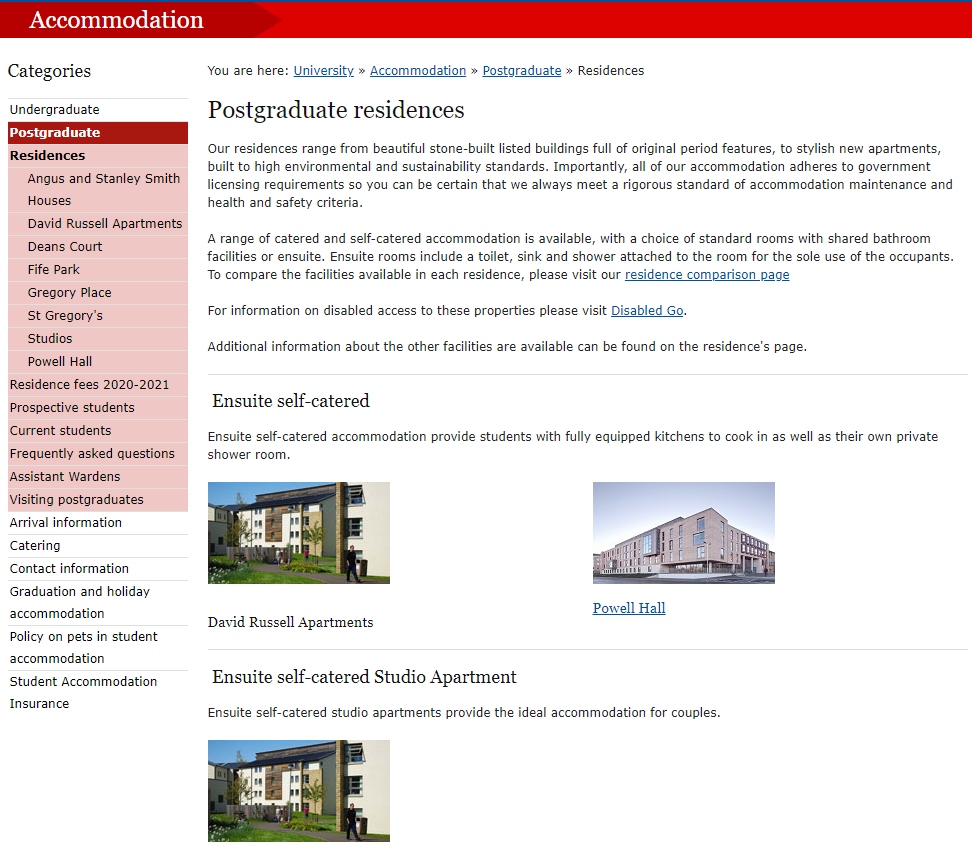 Example postgraduate residence page