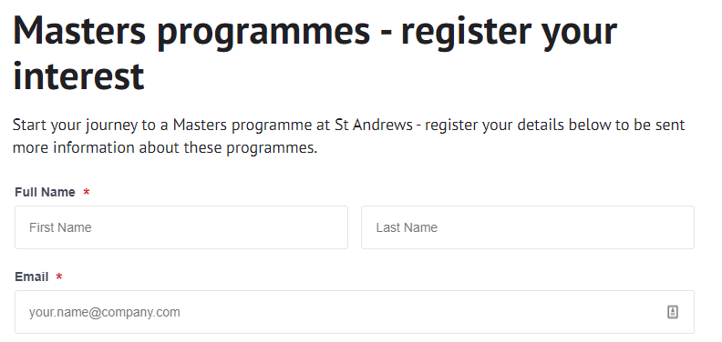 Screenshot of Masters programme application form