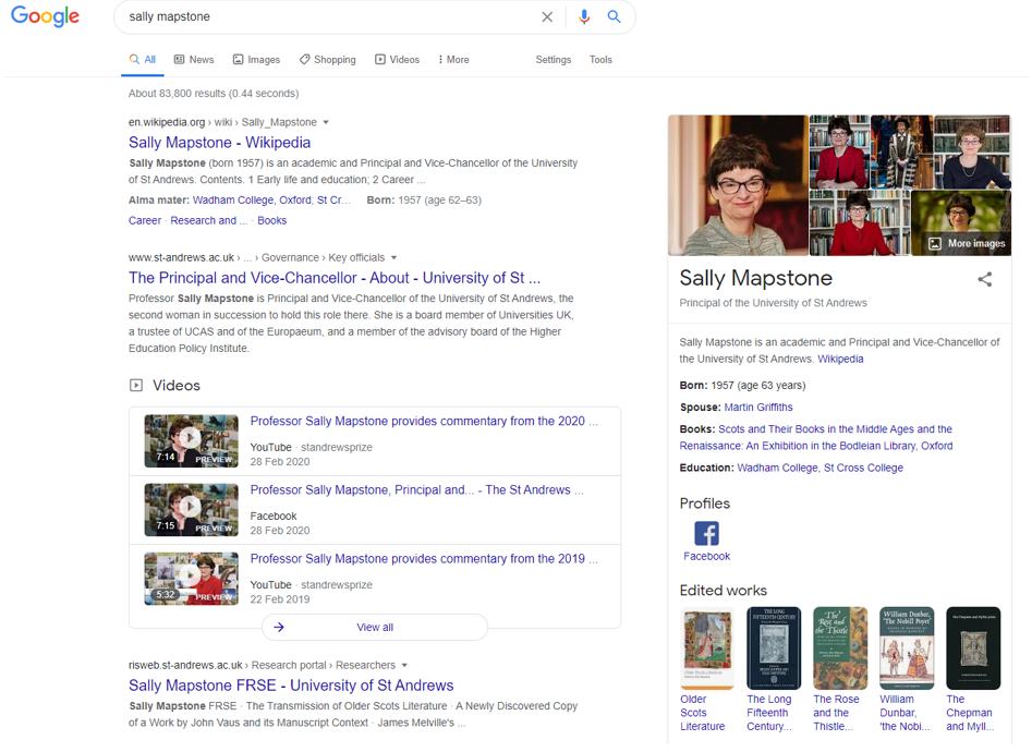 Example screenshot from a Google search for Sally Mapstone