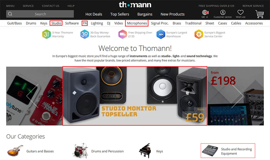 Thomann homepage with high information scent links highlighted