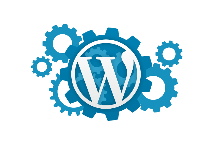 WordPress logo surrounded by gear graphics